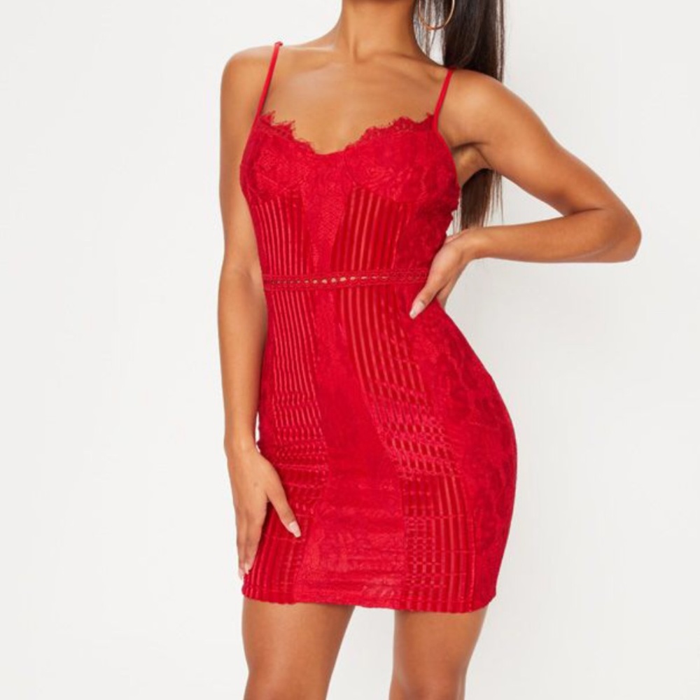 Pretty Little Thing Red Lace Velvet Bodycon dress